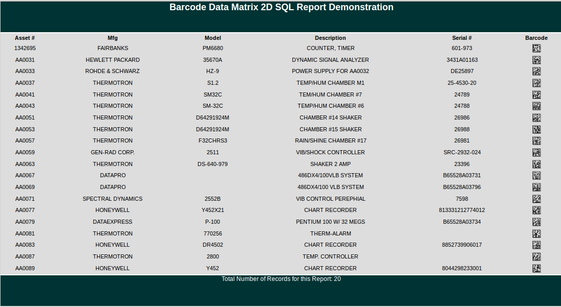 Data Matrix 2D SQL Report